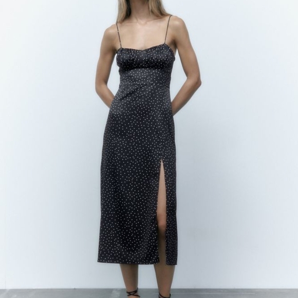 Zara Dresses & Skirts - Zara Satin Feel Black and White Polka Dot Midi Dress Slit Skirt Small
